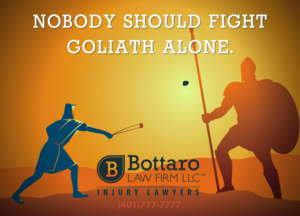 graphic of David fighting Goliath with text displayed at the top NOBODY SHOULD FIGHT GOLIATH ALONE and Bottaro Law Firm logo at the bottom