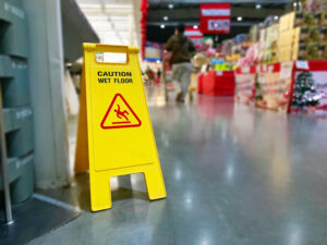 yellow wet floor sign propped up