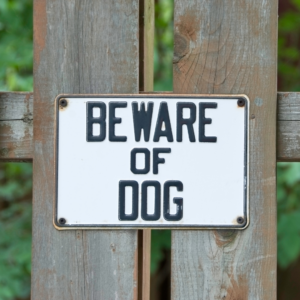Beware of dog sign posted on wooden fence call lawyer if seen